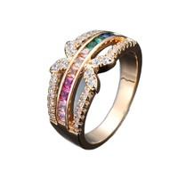Bague pour femme en cuivre électroplaqué, incrustée de zircon coloré, motif géométrique, style classique et raffiné, bijoux en gros