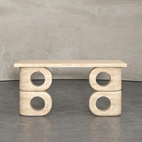 Table console d'entrée en marbre veiné unique, style Dream Home, avec double empilement, découpe ronde creuse, pieds en bloc, sculpture minimaliste