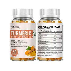 Biocaro GMP Fábrica Personalizada Vegana Gummy Suplemento Curcumina Cúrcuma Jengibre Gomitas para Antioxidante y Brain Booster