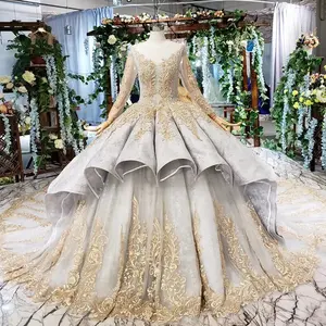 HTL508 O-Ausschnitt Gold applikation lange Ärmel sowie elegante Luxus Ballkleid Abendkleider