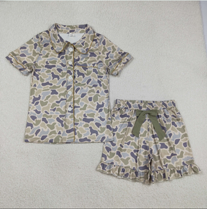 Children's Girls Casual <b>Camo</b> Bows Button Pocket Ruffle Shorts Hunting Pajamas Sets Breathable - Product Image 2