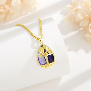 Talisman Mère et Enfant Protection Psychique Pendentif Goutte d'Eau Arbre de Vie Plaqué Or 18K avec Améthyste Naturelle et Zircon - Product Image 3