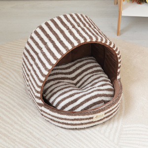 Tail To Stylish Pet <b>Bed</b> Round Brown White Striped Removable Cover Cat <b>House</b> Winter Warm - Product Image 3