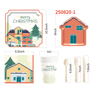 Juego de Vajilla Desechable DAMAI Personalizado para Fiesta de Navidad con Diseño de Casas Rojas, Platos, Vasos y Servilletas de Papel - Product Image 3