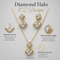 Ensemble collier et boucles d'oreilles pendantes en zircon avec halo de diamants |   Bijoux en cuivre classiques en 2 pièces
