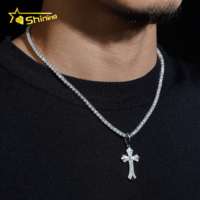 Pendentif en argent S925 plaqué or blanc, motif croix, serti de diamants de laboratoire, style hip-hop, bijoux religieux