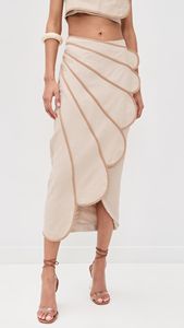 High Waist ELEGANT <b>Maxi</b> <b>Skirt</b> Non-Stretch Super-Stretch Lightweight Linen Weave Scalloped Overlay Split Hem Front - Product Image 2