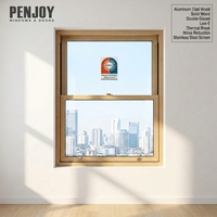 Ventana Corredera Vertical de Madera Revestida de Aluminio Penjoy, Ventana de Guillotina Doble de Madera Sólida con Pantalla de Acero Inoxidable y Doble Acristalamiento Low-E