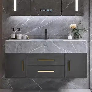 Home Use Luxury Gray Style Marble Top Single Sink Floating Bathroom Vanities For Sale