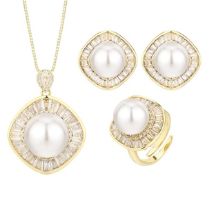 High Quality Eco-friendly Copper 16-12MM White Pearl Gold Plated Bridal Geometric Bezel Setting Jewelry <b>Set</b> - Product Image 1