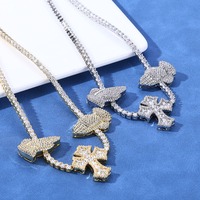 Collier chaîne tennis hip-hop en laiton plaqué or et argent, entièrement serti de zircone cubique, avec pendentif double croix connectée, pour hommes et femmes