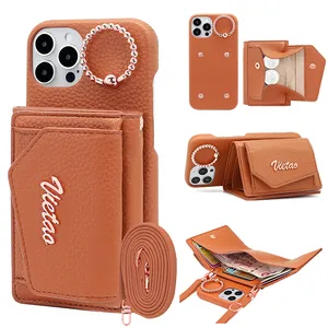 VIETAO Etuis portefeuille en cuir Couverture de téléphone portable pour iPhone 15 14 13 pro max avec anneau bandoulière étui de téléphone portefeuille sur le dos