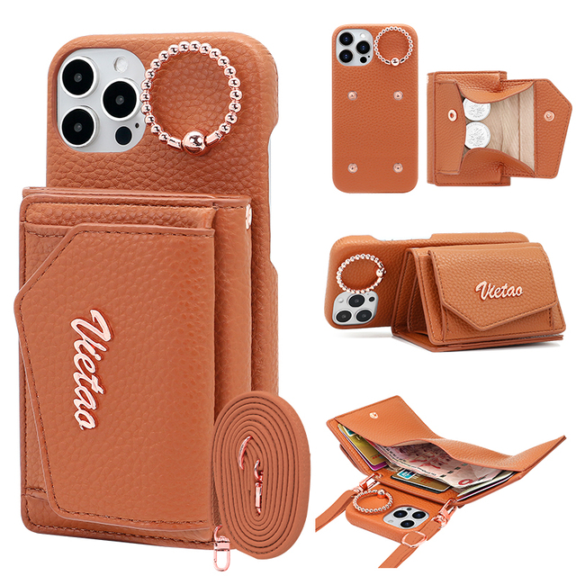 VIETAO Leather Wallet Cases Cell Phone Cover for iPhone 15 14 13 Pro Max With Ring Crossbody Strap Phone case Wallet on the Back