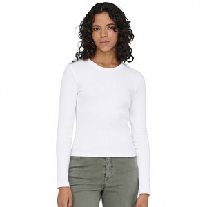 T-shirt à manches longues pour femme, col rond, blanc, coupe ajustée, en coton tricoté, haut décontracté, à porter en toutes saisons - Product Image 2