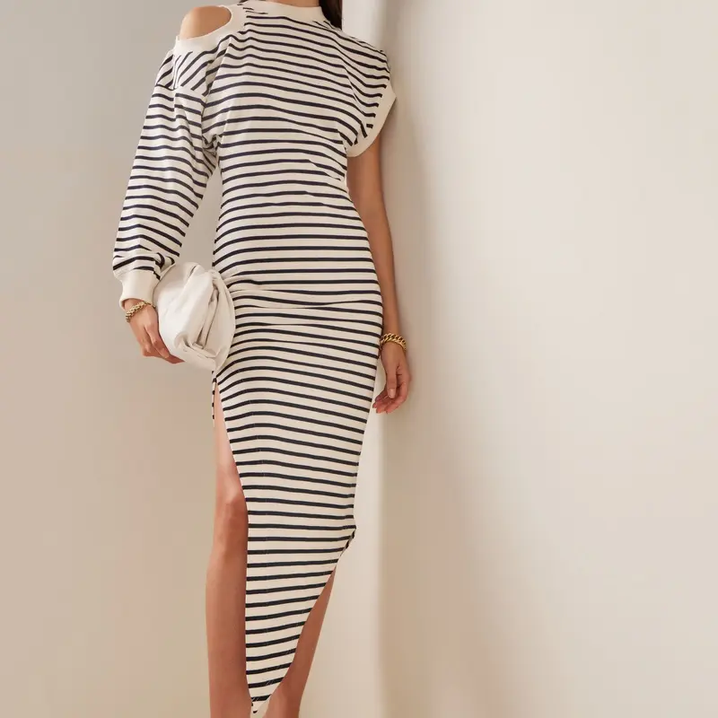 Striped Women's Summer Dress High Neck Asymmetric Sleeve Length Nipped Waist Slit Irregular Skirt Shape 2022 Factory Design