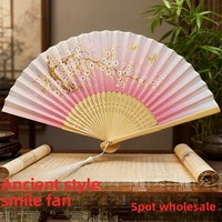 Kipas Senyum Dua Warna Biru Gaya Cina Vintage dari Kain Sutra dan Bambu, Aksesoris Pengiring Pengantin, Pernikahan, Hotel, Hanfu, Cheongsam, Grosir
