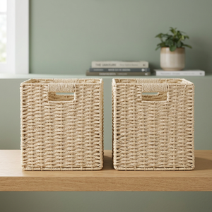 <b>Square</b> Woven Rattan Storage <b>Baskets</b> Set of 2 Minimalist Design for Living Room Toy Organizer Handmade Crafted - Product Image 4