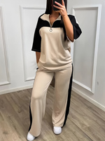 Ensemble deux pièces tricoté décontracté pour femme, couleur unie, col montant zippé, respirant, confortable, coupe ample, idéal pour l'été