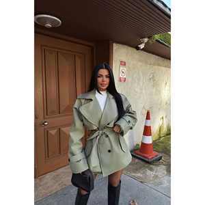 Gabardina Color Caqui con Detalle de Botones, Estilo Casual Largo, Cierre Cruzado, Impermeable, Decoración con Estampado para Otoño/Primavera - Product Image 5