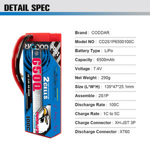 CODDAR 2S 6500MAH 7.4V 100C 200C XT60 avec boîtier rigide câblé RC batterie LiPo échelle 1/10 RC voiture bateau de course <span class=keywords><strong>Tamiya</strong></span> sauterelle - Product Image 3