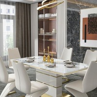 Table à manger moderne et luxueuse en marbre Ensemble 6 chaises Plateau en pierre frittée avec base en acier inoxydable doré pour meubles de salle à manger