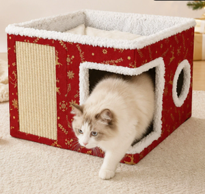Cama Cueva Plegable para Gatos, Festiva y Navideña, Casa para Mascotas Cálida y Acogedora con Rascador, Nido para Gatos de Doble Capa para Interiores - Product Image 4