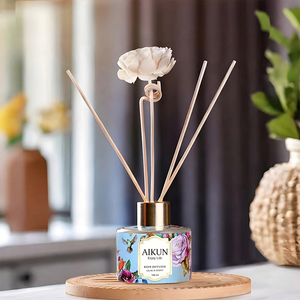 Aikun Low MOQ 3D Sample Floral Round Glass 100ml Sticker Blue Box Custom Aroma Long Scent Reed Diffuser Gift <b>Set</b> for Shops - Product Image 2