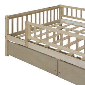 Lit de jour pleine grandeur en bois avec deux tiroirs, rangement naturel pour enfants - Product Image 5
