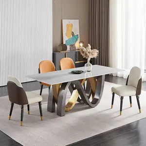Unique design Luxury Living Room Rectangle Sintered Stone Top Dining Room Table With Stainless Steel Pedestal