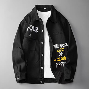 Vêtements d'extérieur en denim classiques personnalisés Graffiti Harajuku pour hommes, noir délavé, vestes universitaires avec boutons - Product Image 2