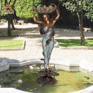 貝殻彫刻ガーデンブロンズ噴水像を保持する屋外大型女性