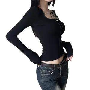 2023 Autumn Hot Girl Short Square Collar Black T-shirt Women Slimming Bottoming Hip Hop Top
