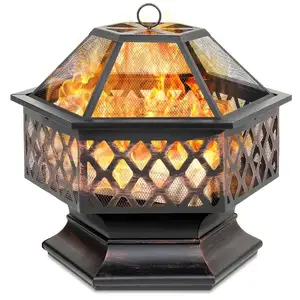 Hexagonal portátil churrasqueira fogueira com tampa de malha para churrasco jardim