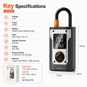 Inflador de Neumáticos Inalámbrico Portátil, Compresor de Aire Digital de 150 PSI, Bomba de Aire para Auto Recargable por USB-C de 20L/Min con Banco de Energía LED SOS - Product Image 6