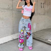 Jeans en denim Y2K en gros, style streetwear, coupe droite, imprimé pop art dessin animé, déchirés, pour femmes