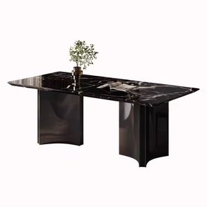 <span class=keywords><strong>Table</strong></span> à manger rectangulaire de luxe moderne avec plateau en pierre frittée noire et base noire - Product Image 4