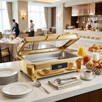 FANTIF Catering Doppelbehälter Hydraulischer Glasdeckel Gold Digitaler Elektrischer Chafing Dish Buffet Edelstahl Speisenwärmer Set