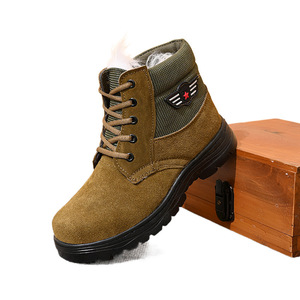 Bottes d'hiver chaudes en cuir de vachette et laine, doublées polaire, antidérapantes, chaussures de travail unisexes pour adultes, bottes de neige couleur unie à lacets avant - Product Image 4