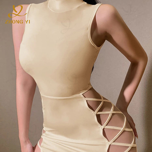 2024 ropa personalizada alto verano lujo Mini cuello chaleco pierna vendaje fiesta Club señora malla encaje hasta Sexy apretado Midi vestidos mujeres - Product Image 4