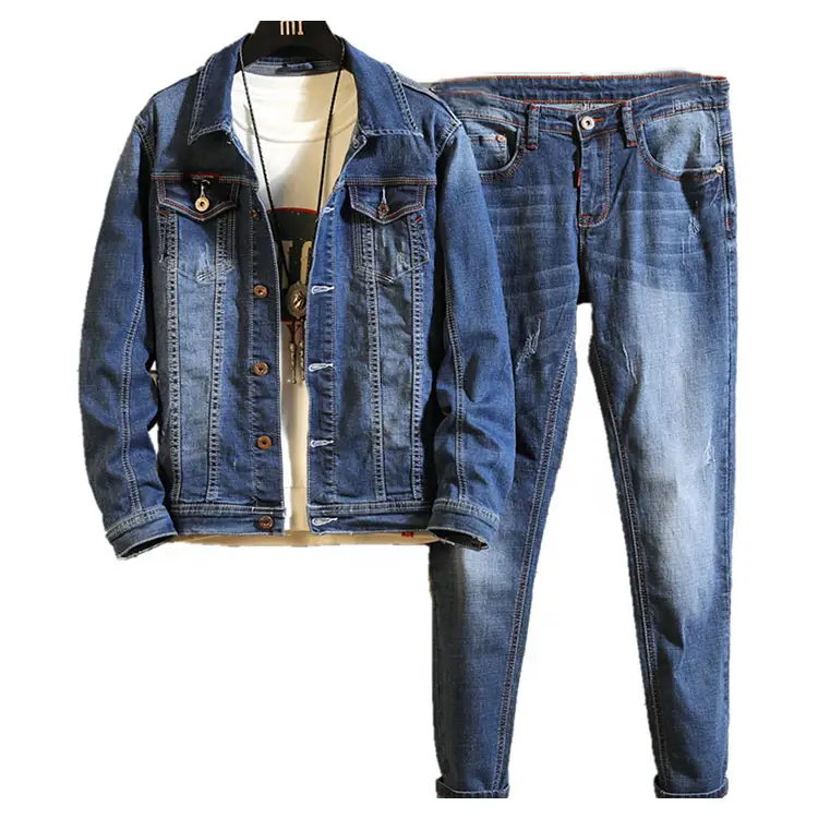 Two Piece Blue Jean Jacket and Pants Set 3XL Casual Cotton Suit for Men