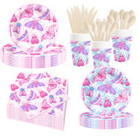 Ensemble de vaisselle jetable en papier sur le thème du papillon, moderne, avec gobelets, assiettes, serviettes et nappe pour la décoration d'une fête d'anniversaire de filles