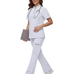 Factory Direct Wholesale OEM <b>Scrubs</b> Unisex Cotton Polyester Woven Zip Front Top Flare Pant Stretch Nursing <b>Scrubs</b> <b>Set</b> Uniform - Product Image 4