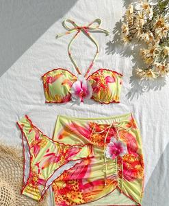 Ensemble bikini 3 pièces 2026 à fleurs 3D, haut dos nu imprimé floral, maillot de bain string avec jupe paréo en maille, tenue de plage sexy pour femme - Product Image 3