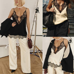 Moda Kadınlar Bayanlar Yaz Kapalı Omuz Dantel Bluzlar Siyah Kolsuz Spagetti Kayışı Tankı Üstleri - Product Image 4