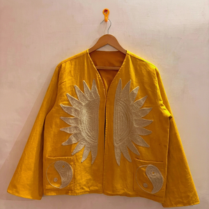 Premium Yellow <b>Velvet</b> Embroidered Suzani <b>Jacket</b> with Sun and Yin Yang Pattern Full Sleeve V-Neck Handmade Boho Autumn Coat - Product Image 1