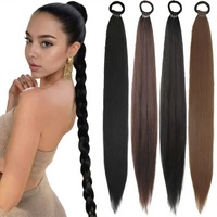 Perruques en fibre haute température Yaki lisses pour femmes, queue de cheval tressée de 24 pouces avec 10 élastiques, 11 couleurs, 120g, 6 mois
