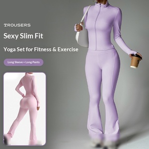 Conjunto <span class=keywords><strong>de</strong></span> <span class=keywords><strong>2</strong></span> piezas <span class=keywords><strong>de</strong></span> yoga: Chaqueta ajustada <span class=keywords><strong>de</strong></span> manga larga con cremallera completa, transpirable y antipilling, y pantalones acampanados <span class=keywords><strong>de</strong></span> cintura alta <span class=keywords><strong>de</strong></span> elastano y poliéster. - Product Image 1