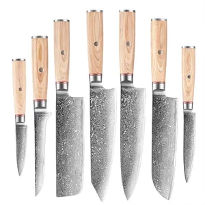 Auf Lager 67 Schichten Damaszener Stahl Kochmesser-Set mit Pakka Holzgriff 7-teiliges japanisches Damaszener Küchenmesser-Set