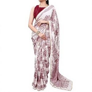 Women White Cotton <b>Saree</b> With Black Hand Drawn Floral Print Traditional Indian Casual Wear Floor Length Regular Fit - Product Image 1