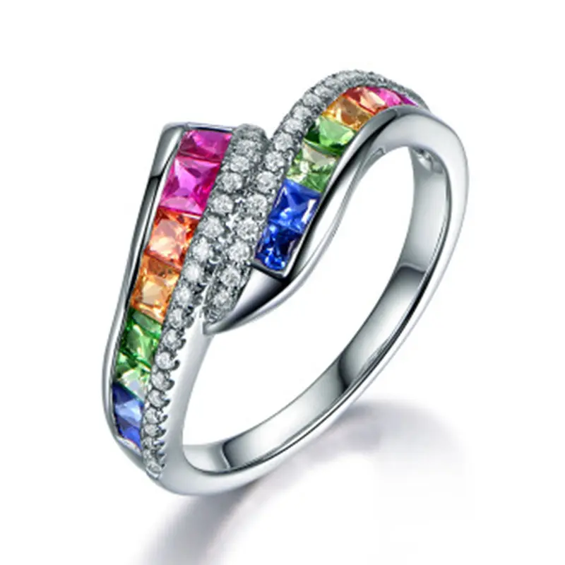 Cross-border source new diamond-embedded artificial stone rainbow red blue treasure zircon ring engagement jewelry